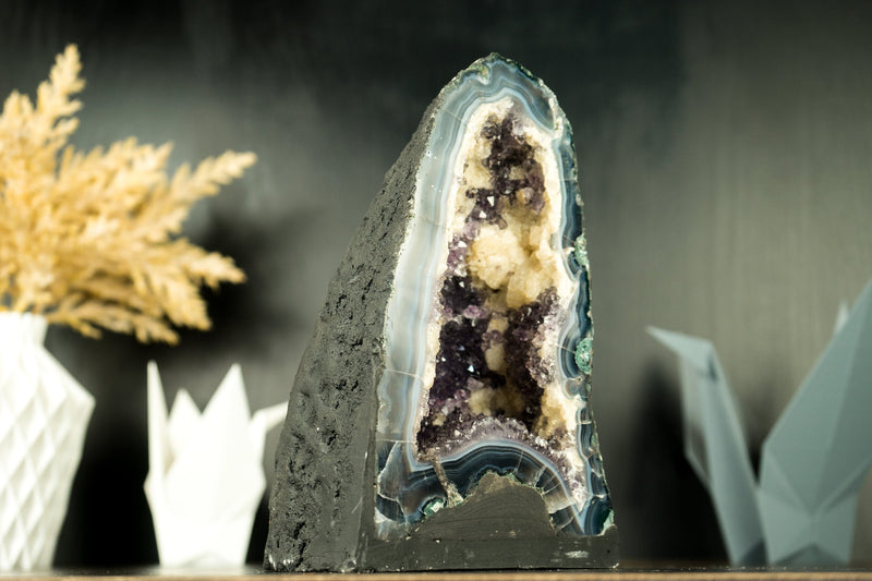 Small Amethyst Geode Cathedral with Blue Banded Agate and Calcite - E2D Crystals & Minerals