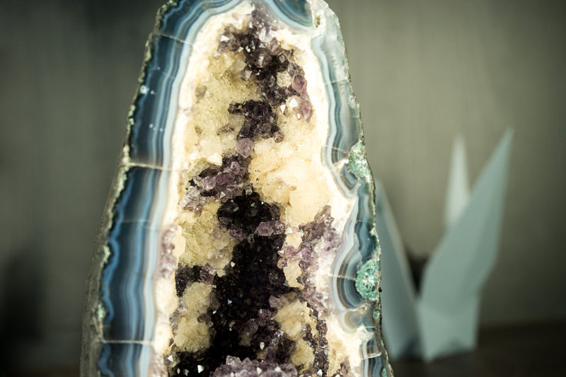 Small Amethyst Geode Cathedral with Blue Banded Agate and Calcite - E2D Crystals & Minerals