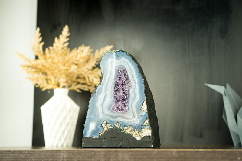 Small Natural Blue and Baby Blue Lace Agate Geode with Blue Agate Bands