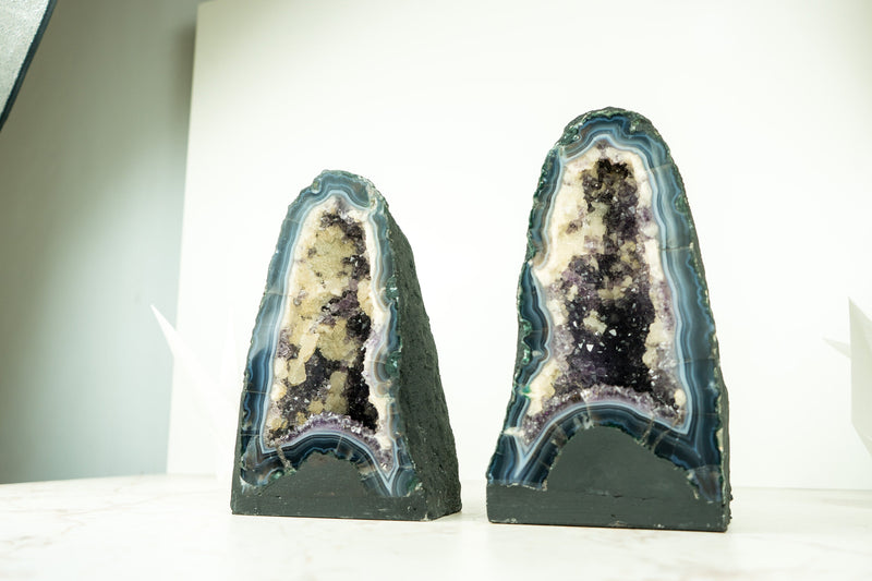 Pair of Bookmatching Deep Purple Agate Amethyst Geodes with White and Blue Banded Agate