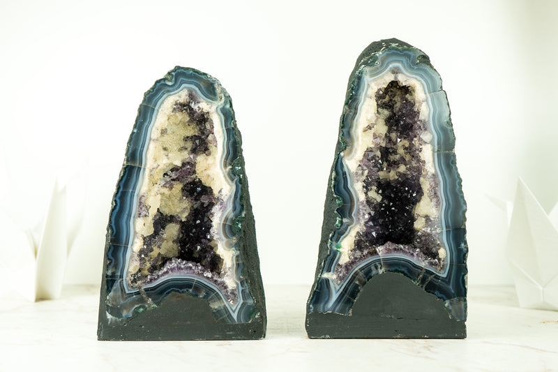 Pair of Bookmatching Deep Purple Agate Amethyst Geodes with White and Blue Banded Agate