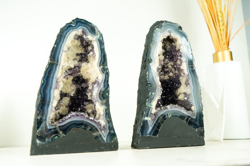 Pair of Bookmatching Deep Purple Agate Amethyst Geodes with White and Blue Banded Agate