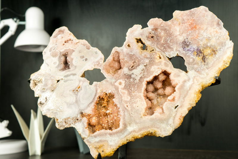 Pink Amethyst Geode Slab with Sculptural Pink Amethyst, Pink Amethyst Flowers and Sparkly Druzy on Stand - 2.7 Kg - 6.0 lb