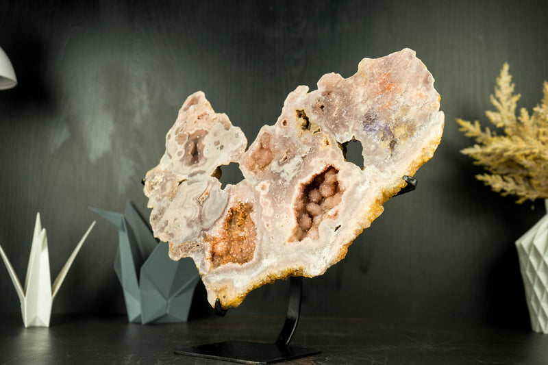 Pink Amethyst Geode Slab with Sculptural Pink Amethyst, Pink Amethyst Flowers and Sparkly Druzy on Stand - 2.7 Kg - 6.0 lb