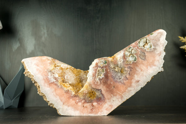 Pink Amethyst Geode with a Natural Sculpture of an Abstract Wing, Natural Art Decor, 17x10 Inches, 14 Lb