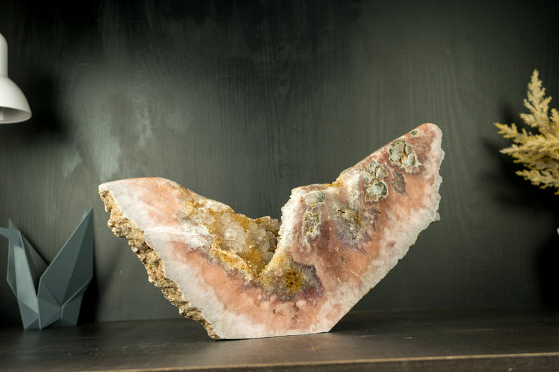 Pink Amethyst Geode with a Natural Sculpture of an Abstract Wing, Natural Art Decor, 17x10 Inches, 14 Lb
