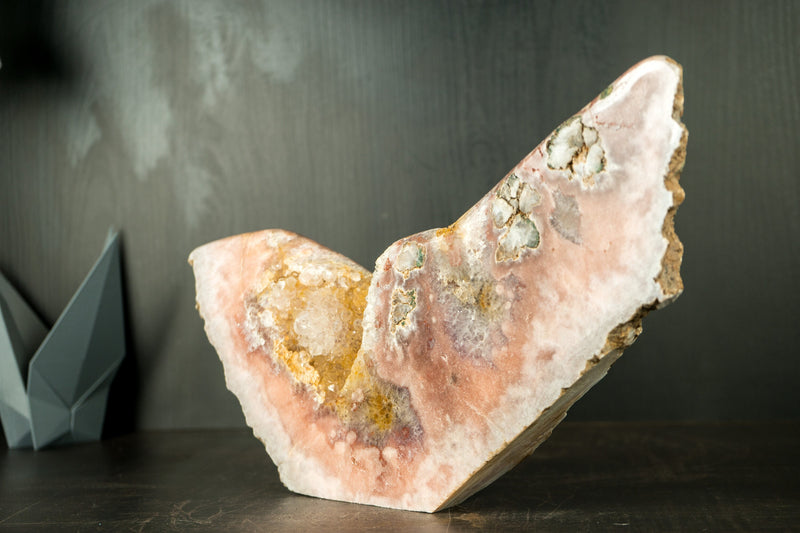 Pink Amethyst Geode with a Natural Sculpture of an Abstract Wing, Natural Art Decor, 17x10 Inches, 14 Lb