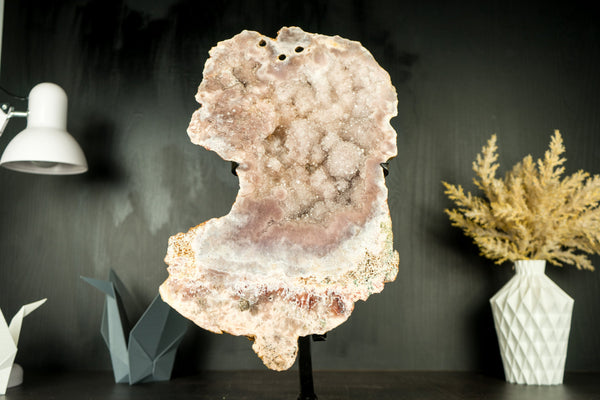 Pink Amethyst Geode Slab with Sculptural Pink Amethyst, Pink Amethyst Flowers, and Sparkly Rose Druzy on Stand - 2.7 Kg - 6.0 lb