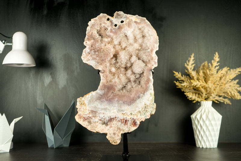 Pink Amethyst Geode Slab with Sculptural Pink Amethyst, Pink Amethyst Flowers, and Sparkly Rose Druzy on Stand - 2.7 Kg - 6.0 lb