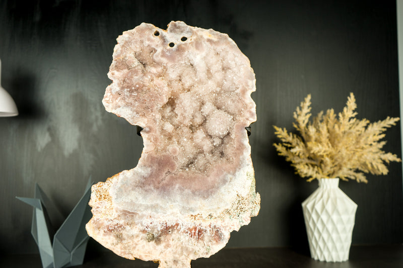 Pink Amethyst Geode Slab with Sculptural Pink Amethyst, Pink Amethyst Flowers, and Sparkly Rose Druzy on Stand - 2.7 Kg - 6.0 lb