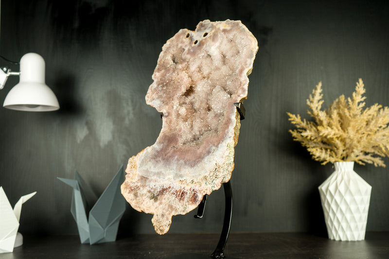 Pink Amethyst Geode Slab with Sculptural Pink Amethyst, Pink Amethyst Flowers, and Sparkly Rose Druzy on Stand - 2.7 Kg - 6.0 lb