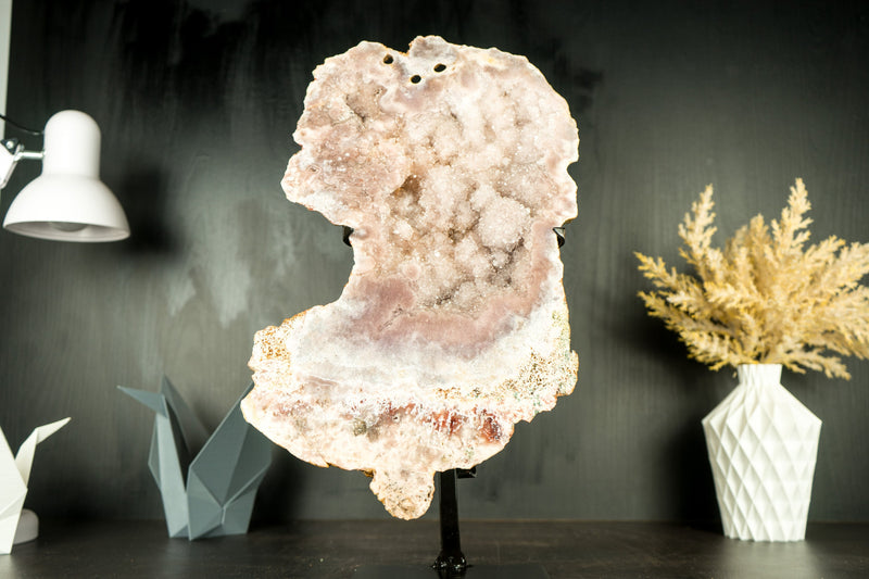 Pink Amethyst Geode Slab with Sculptural Pink Amethyst, Pink Amethyst Flowers, and Sparkly Rose Druzy on Stand - 2.7 Kg - 6.0 lb