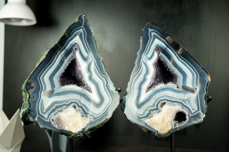 Pair of Rare Blue Lace Agate Geodes: Collectors Blue and White Lace Agates with Calcite Flower Inclusion and Rare Formation - 14.6 lb 14 In