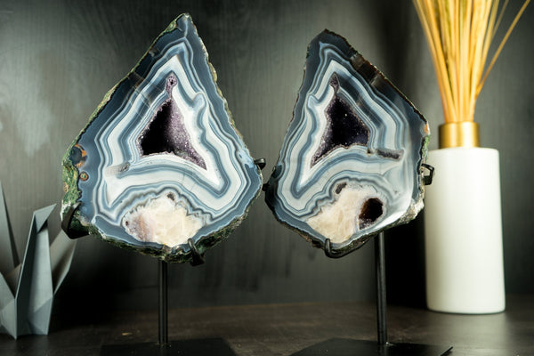 Pair of Rare Blue Lace Agate Geodes: Collectors Blue and White Lace Agates with Calcite Flower Inclusion and Rare Formation - 14.6 lb 14 In