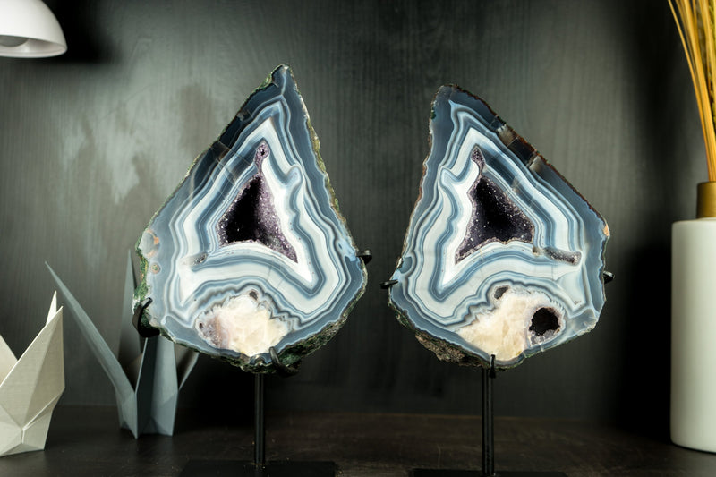 Pair of Rare Blue Lace Agate Geodes: Collectors Blue and White Lace Agates with Calcite Flower Inclusion and Rare Formation - 14.6 lb 14 In