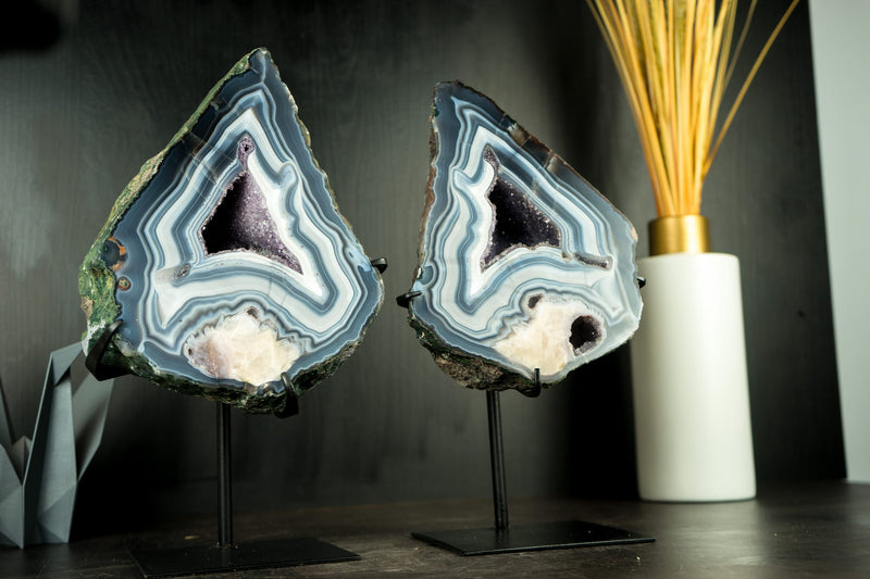 Pair of Rare Blue Lace Agate Geodes: Collectors Blue and White Lace Agates with Calcite Flower Inclusion and Rare Formation - 14.6 lb 14 In