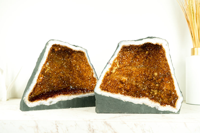 Paar spiegelbildlich angeordnete natürliche Citrin-Geoden – hochwertige gesättigte orange Druzy-Kristalle und Blütenrosetten – 60 Pfund.