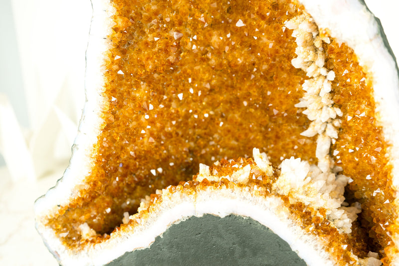 Natürliche Citrin-Geodenhöhle mit orangefarbenen Drusenkristallen und Kalzitblüten – 11 Zoll – 31 Pfund