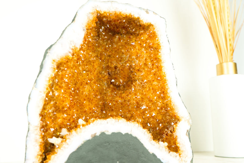 Natural Citrine Geode Cave with Orange Druzy Crystals and Calcite Inclusion- 11 In - 27 Lb