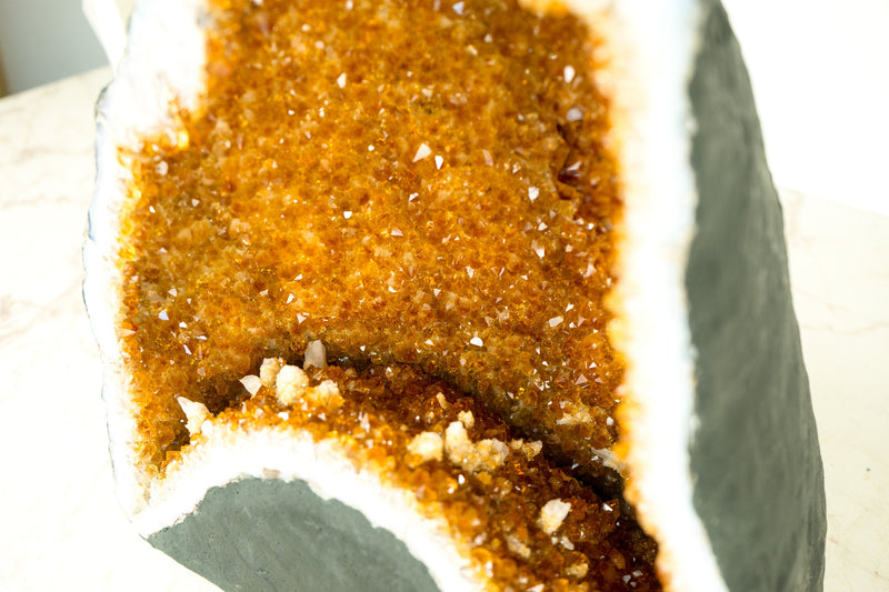 Natural Citrine Geode Cave with Orange Druzy Crystals and Calcite Inclusion- 11 In - 27 Lb