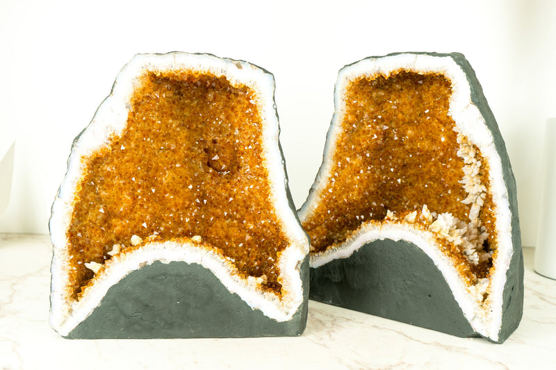 Pair of Citrine Geodes Cave with Orange Druzy Crystals and Calcite Flowers - 58 Lb.