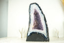 Weiße und blaue Spitzenachat-Kathedrale-Geode mit Lavendel-Amethyst-Kristall