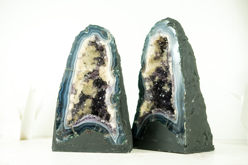Pair of Bookmatching Deep Purple Agate Amethyst Geodes with White and Blue Banded Agate