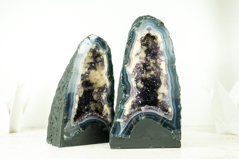 Pair of Bookmatching Deep Purple Agate Amethyst Geodes with White and Blue Banded Agate