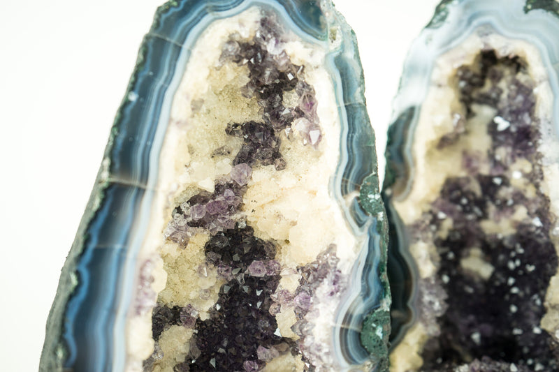 Pair of Bookmatching Deep Purple Agate Amethyst Geodes with White and Blue Banded Agate