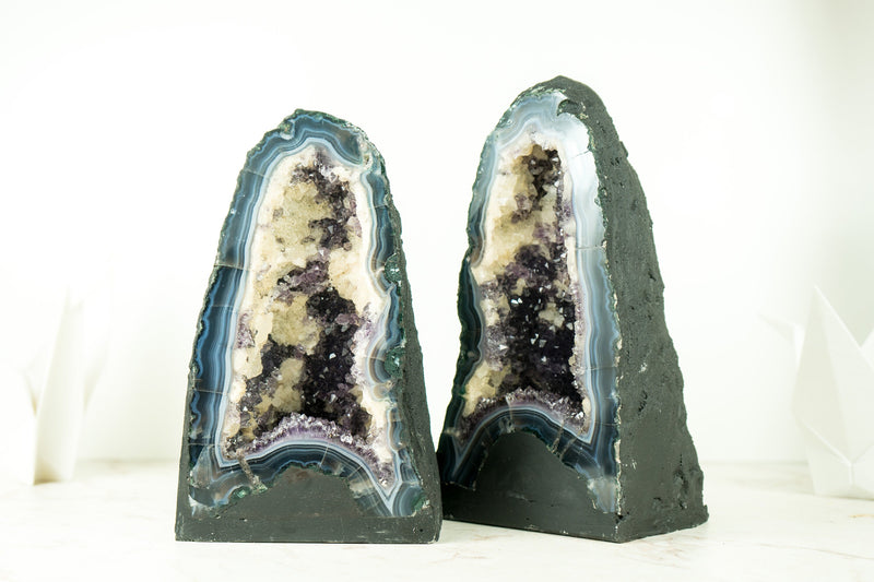 Pair of Bookmatching Deep Purple Agate Amethyst Geodes with White and Blue Banded Agate