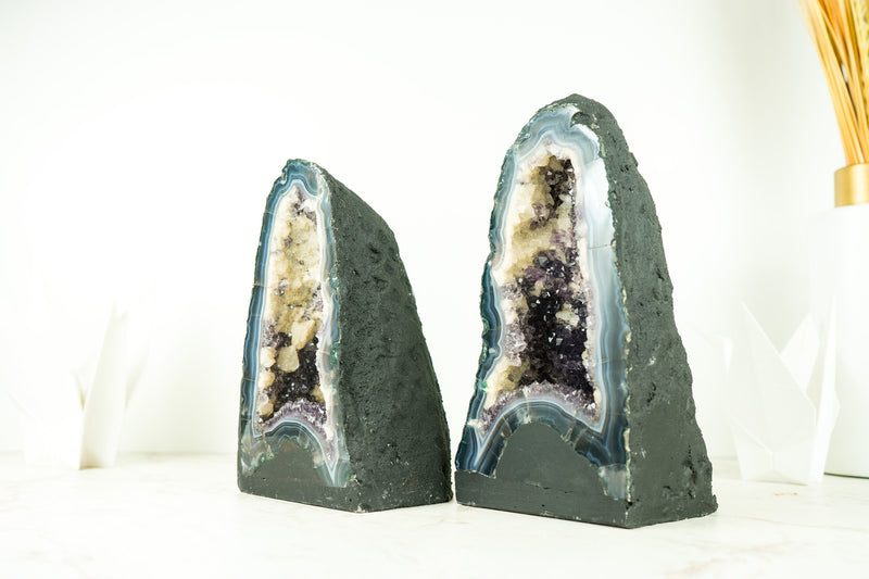 Pair of Bookmatching Deep Purple Agate Amethyst Geodes with White and Blue Banded Agate
