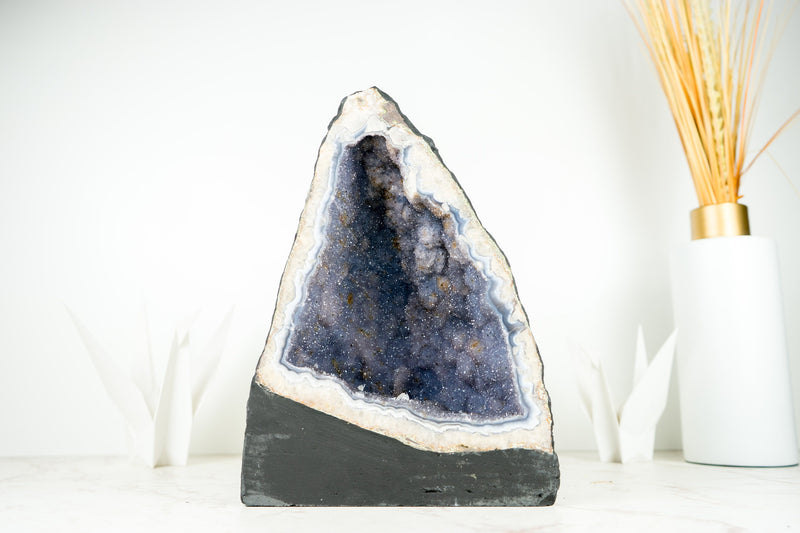 Rare Blue Lace Agate Geode with Lavender Galaxy Amethyst Druzy