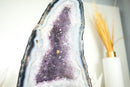 Weiße und blaue Spitzenachat-Kathedrale-Geode mit Lavendel-Amethyst-Kristall