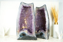 Pair of Large Amethyst Geode Cathedrals with Shiny, Saturated Lavender Purple Amethyst and Polished Back
