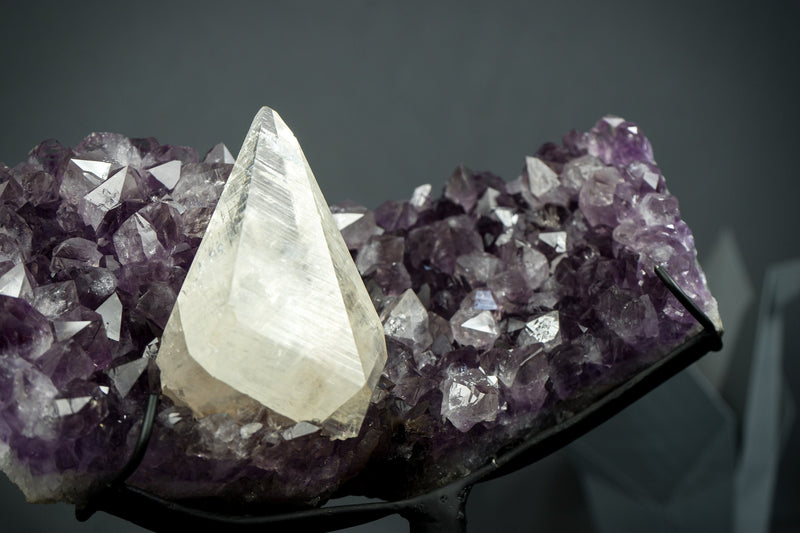 Superb Crystal Calcite on Amethyst Specimen from Uruguay, Intact, Large Cabinet