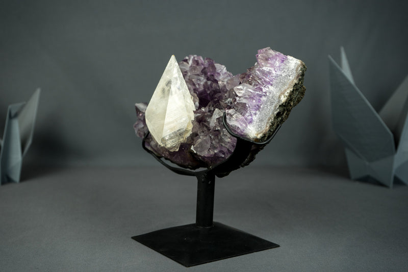 Superb Crystal Calcite on Amethyst Specimen from Uruguay, Intact, Large Cabinet