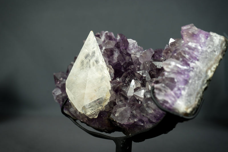 Superb Crystal Calcite on Amethyst Specimen from Uruguay, Intact, Large Cabinet