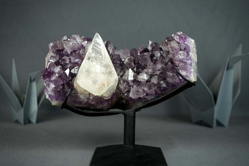 Superb Crystal Calcite on Amethyst Specimen from Uruguay, Intact, Large Cabinet