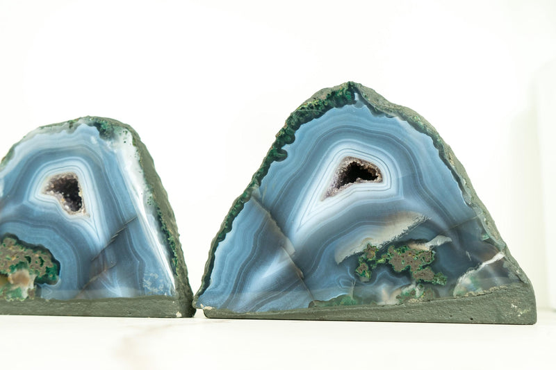 Matching Pair of Blue and Green Agate Geodes with Druzy Crystal