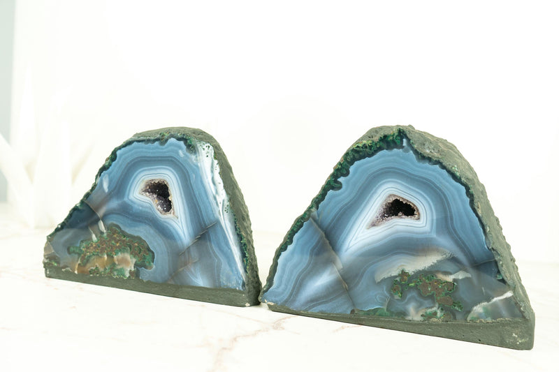 Matching Pair of Blue and Green Agate Geodes with Druzy Crystal
