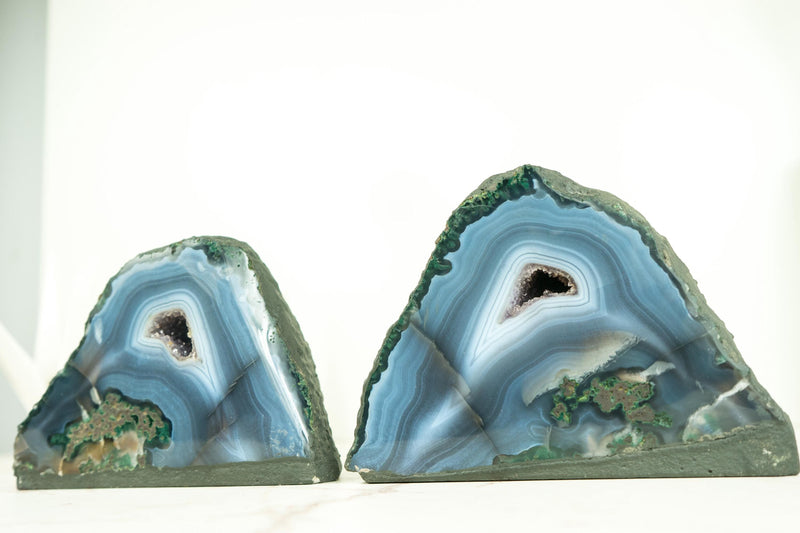 Matching Pair of Blue and Green Agate Geodes with Druzy Crystal