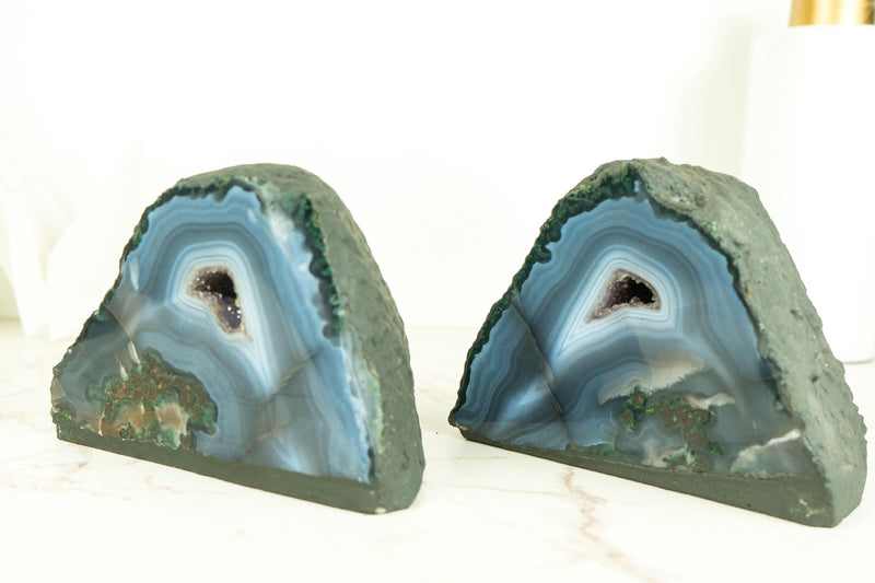 Matching Pair of Blue and Green Agate Geodes with Druzy Crystal