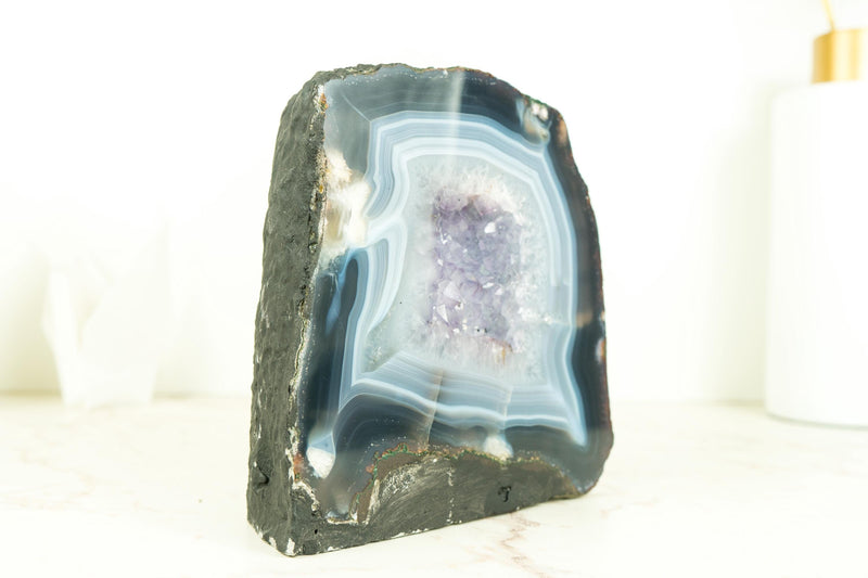 Small Blue and White Banded Agate Geode with Rare Clear Amethyst Druzy