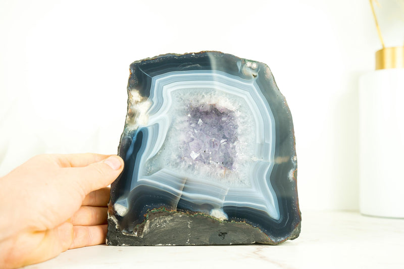 Small Blue and White Banded Agate Geode with Rare Clear Amethyst Druzy