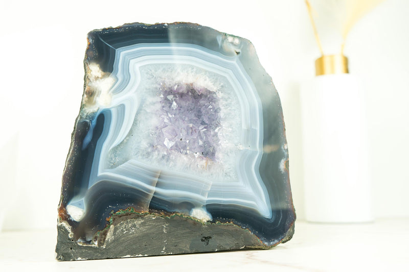 Small Blue and White Banded Agate Geode with Rare Clear Amethyst Druzy