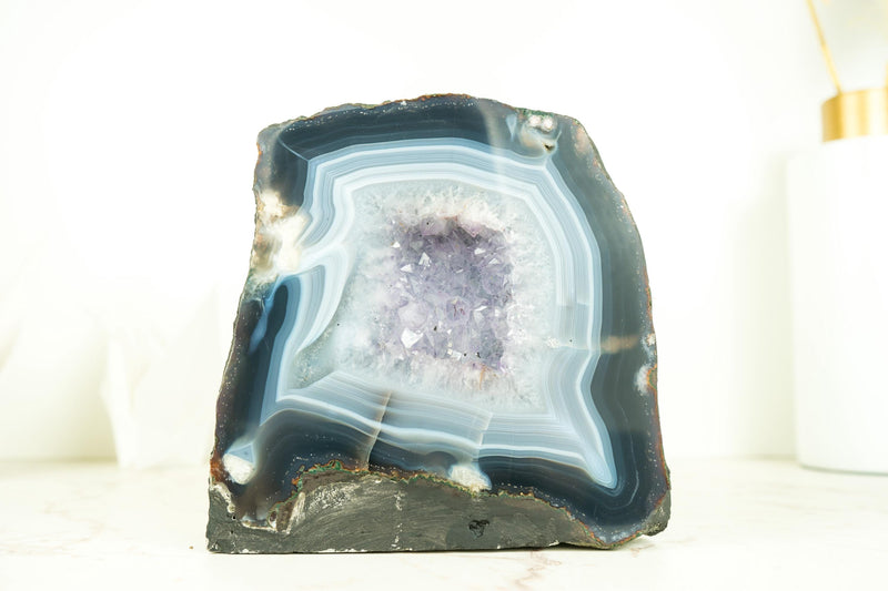 Small Blue and White Banded Agate Geode with Rare Clear Amethyst Druzy