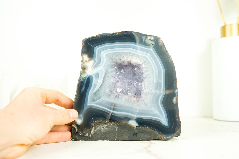 Small Blue and White Banded Agate Geode with Rare Clear Amethyst Druzy