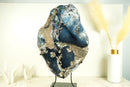 Spectacular Blue Lace Agate Geode with a Bold White Lace and Violet Amethyst, Large Geode on Stand, Gifting, Decor, or Collection - 40 lb - E2D Crystals & Minerals