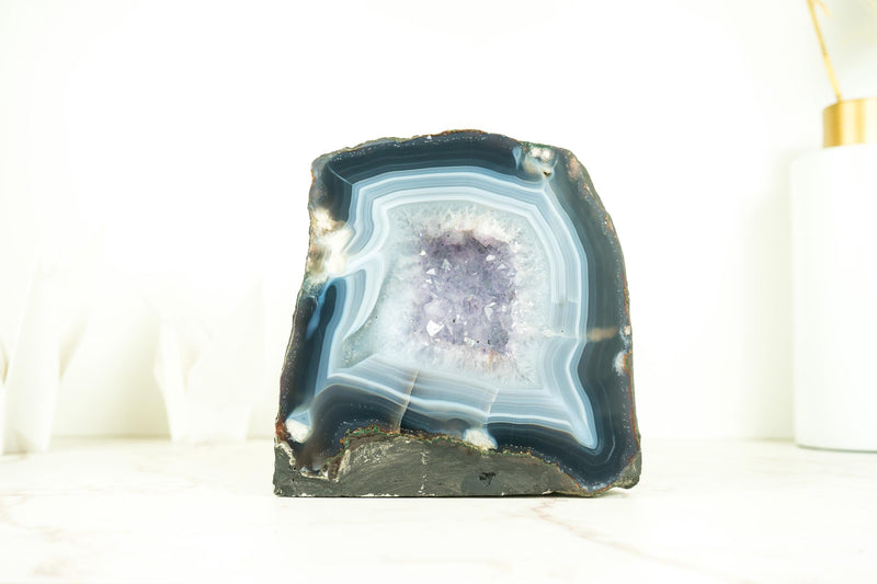 Small Blue and White Banded Agate Geode with Rare Clear Amethyst Druzy