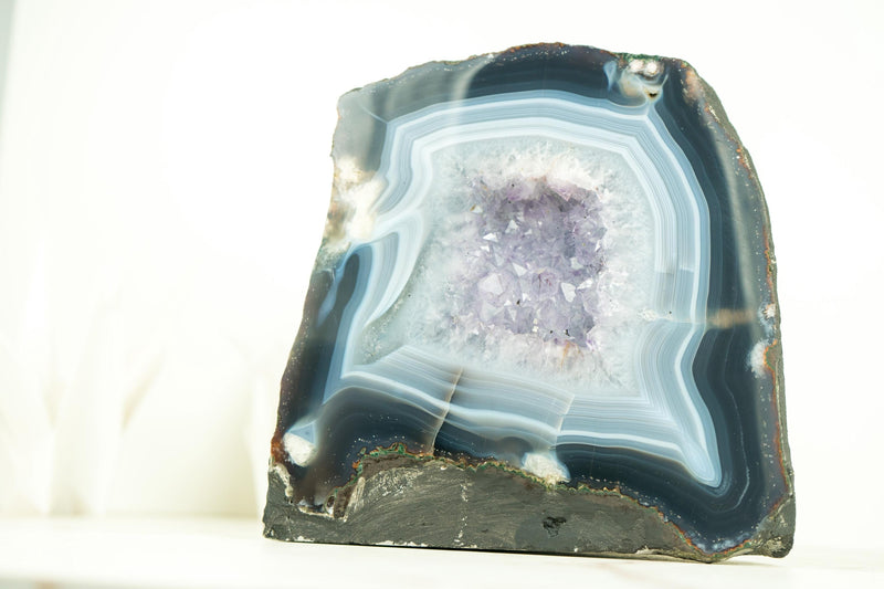 Small Blue and White Banded Agate Geode with Rare Clear Amethyst Druzy